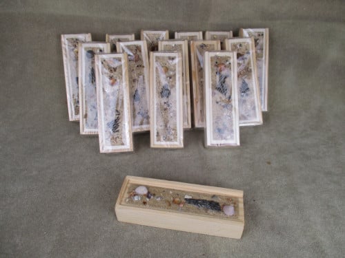 Domino spel in houten schuifdoosjes met stranddecoratie, 7 stuks