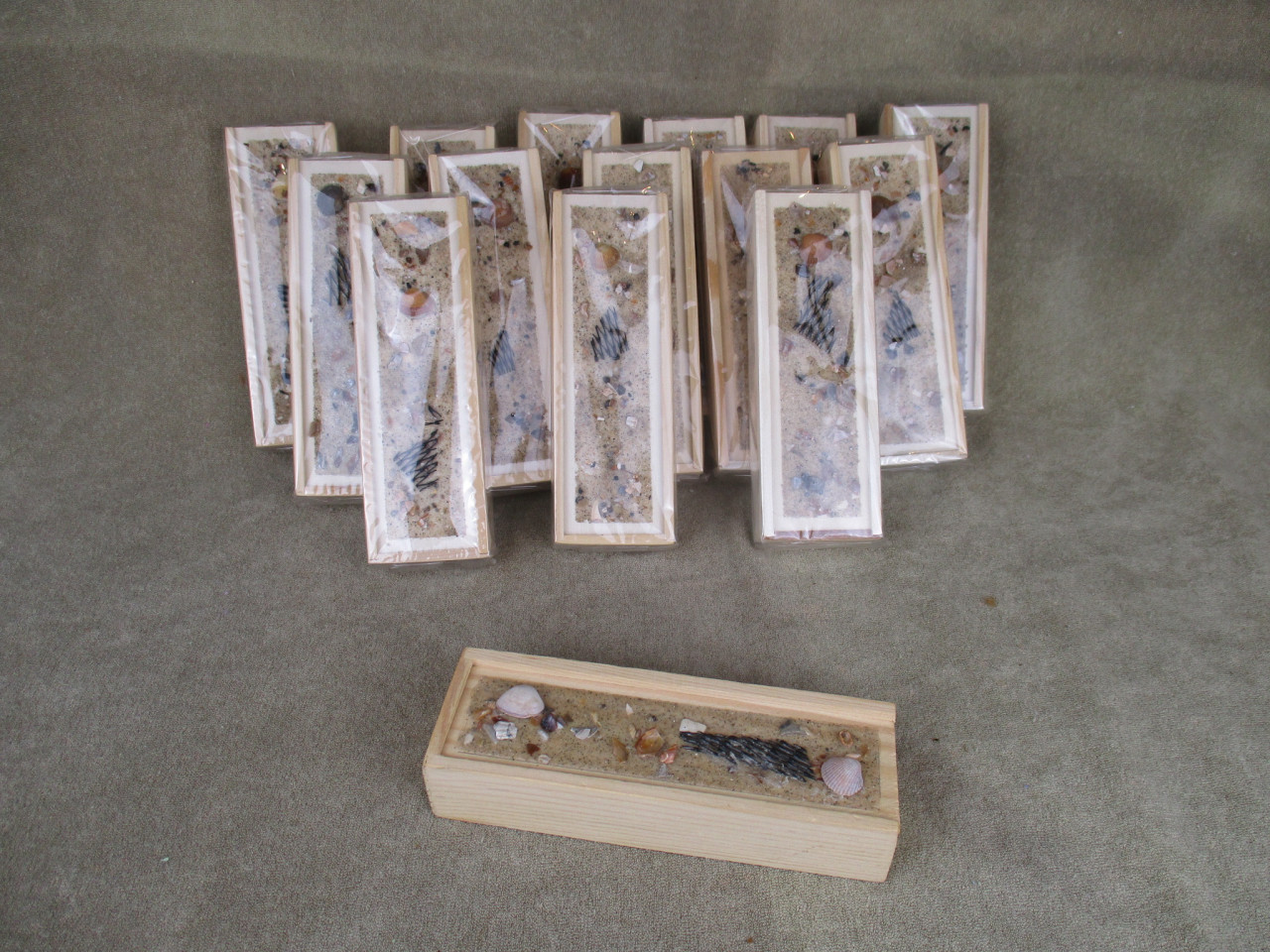 Domino spel in houten schuifdoosjes met stranddecoratie, 7 stuks