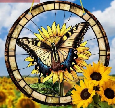 Raamhanger zonnebloem + vlinder