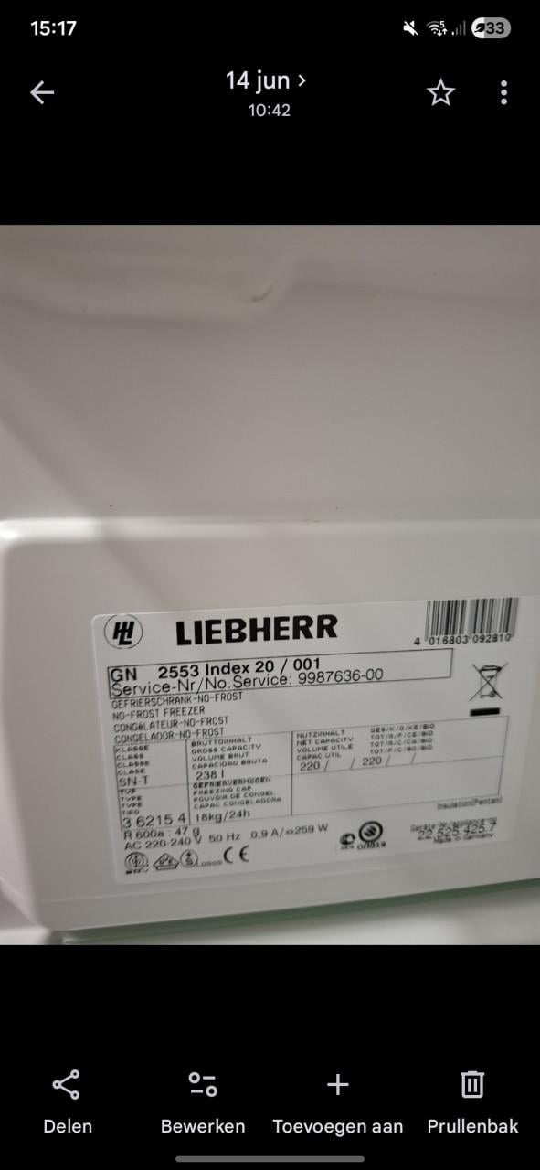 Liebherr vrieskast defect.