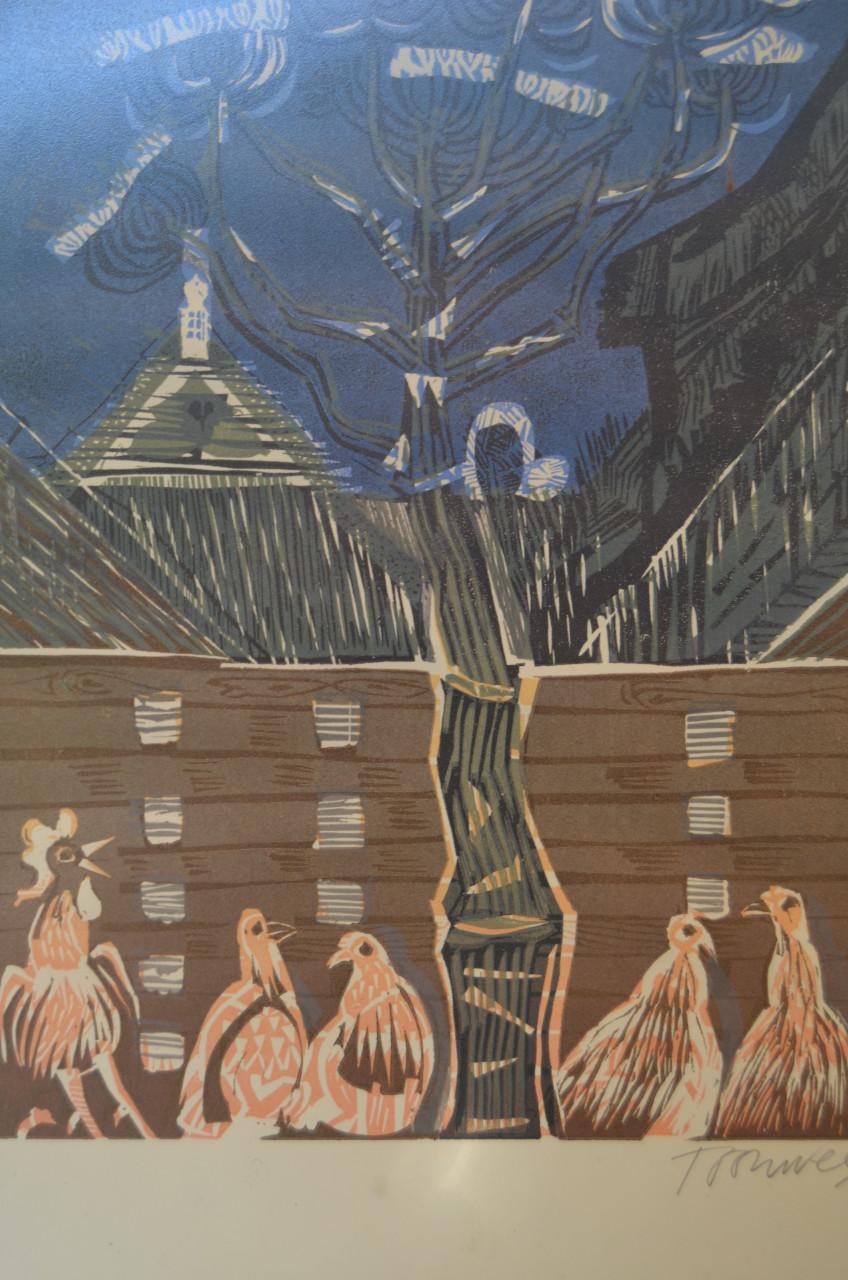 Litho/zeefdruk 'kippen en haan op de boerderij' gesign. gen.