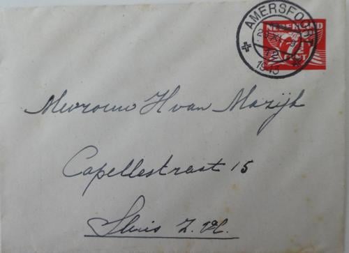 Envelop, 1943, Amerfoort – Sluis, voorgedrukte postzegel