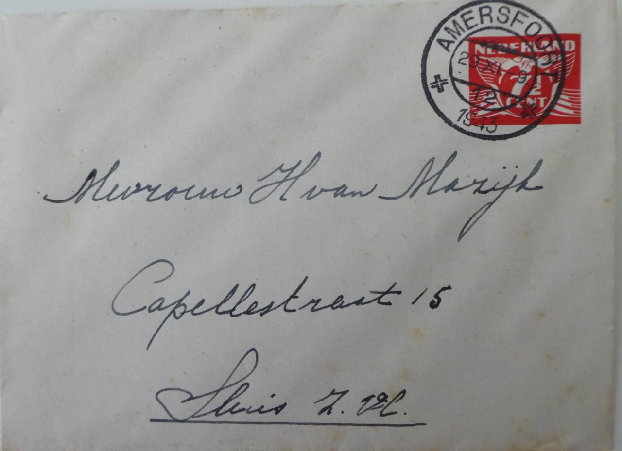 Envelop, 1943, Amerfoort – Sluis, voorgedrukte postzegel