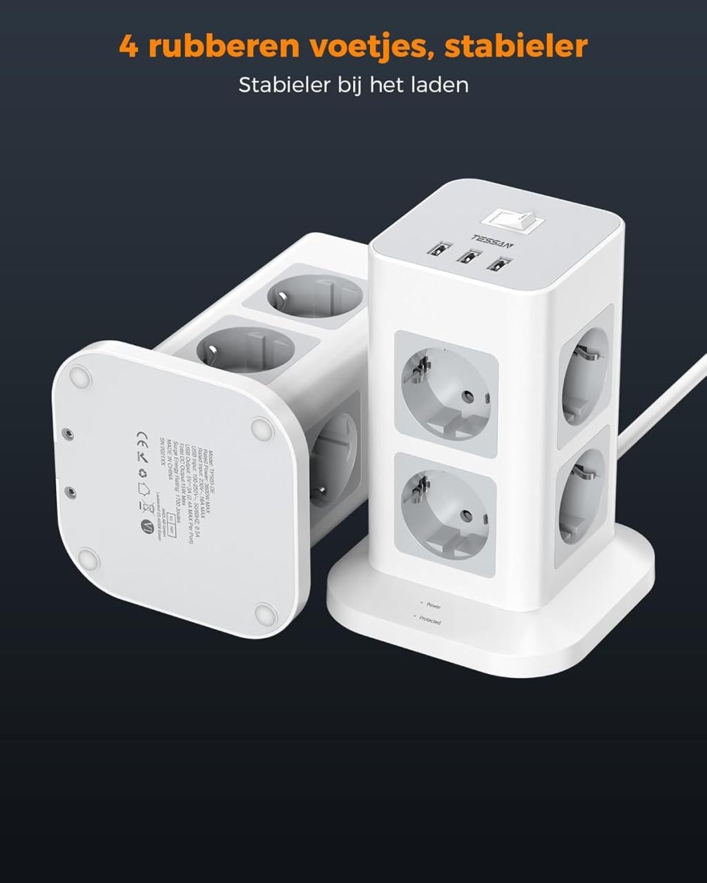 TESSAN 8 Voudige Stekkerdoos, Stekkerdoos met 3 USB poorten