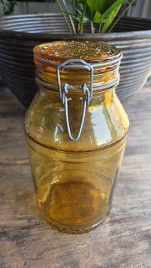 🤩 Prachtig bewerkte Vintage Amber-kleur glazen pot