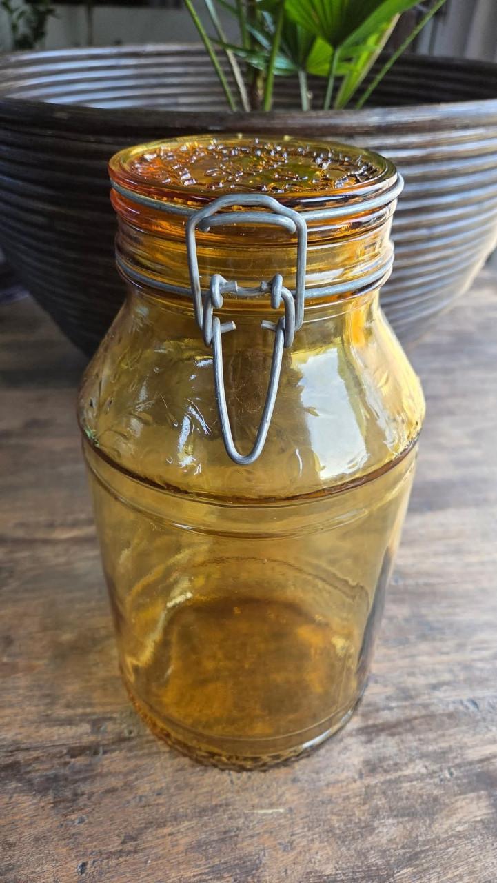 🤩 Prachtig bewerkte Vintage Amber-kleur glazen pot