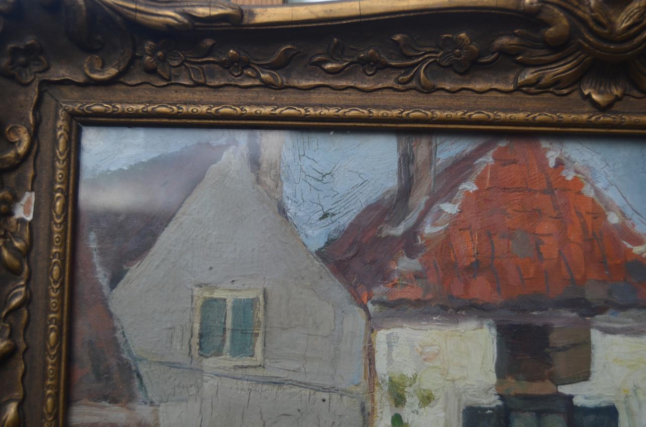 Klein olieverf Huisjes (in Veere??) 1938