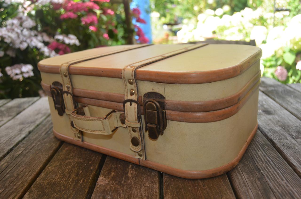 Fraai houten (kinder)koffertje bekleed met leer/skai