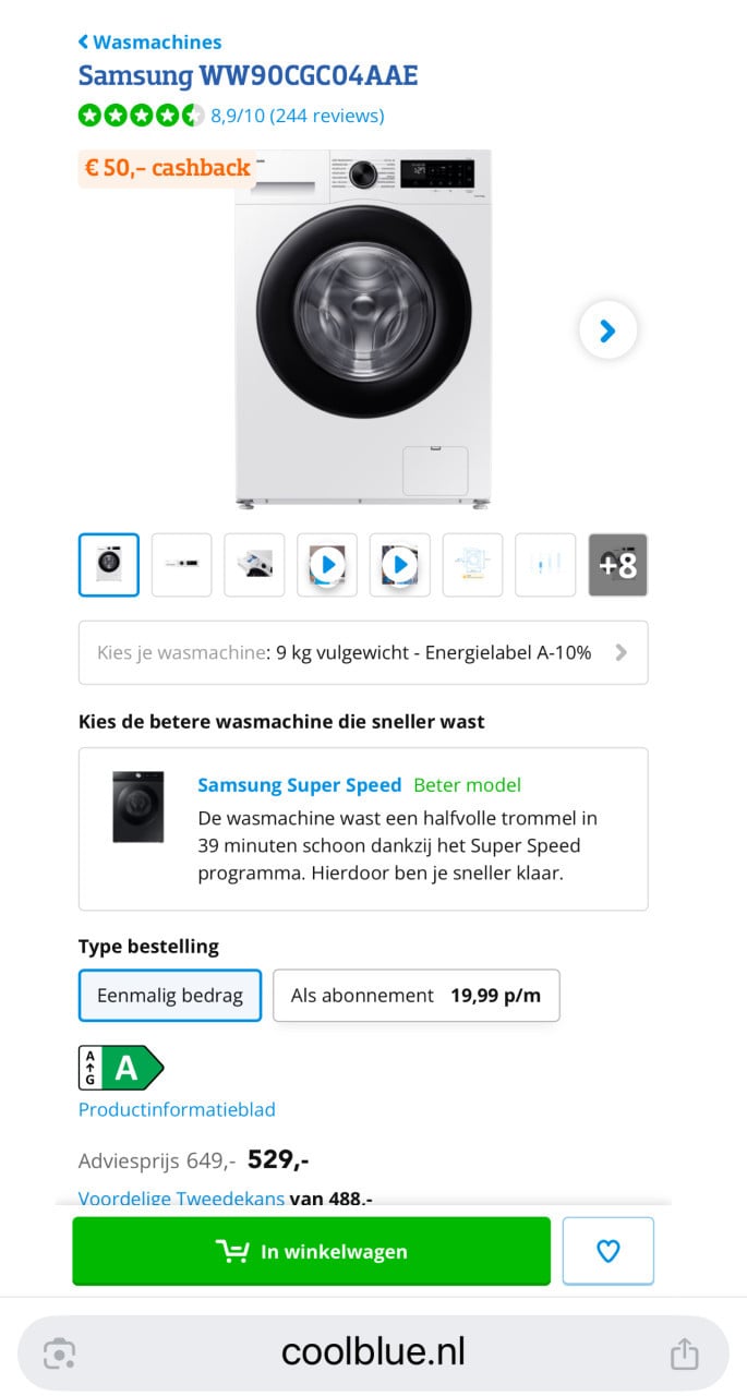 Nieuwe Samsung WW90CGC04AAE Wasmachine 9kg. 1400 rpm winkelprijs €529,-