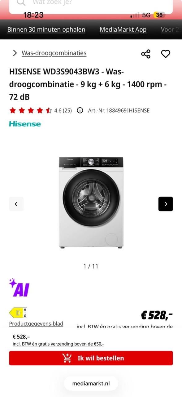 Hisense was-droogcombinatie 9kg (WD3S9043BW3)