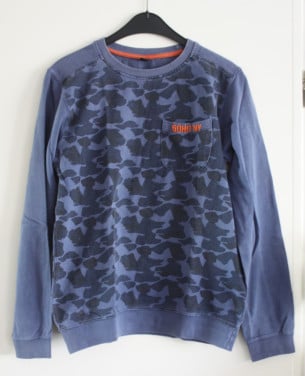 Blauwe trui met vlekken motief  maat 170-176