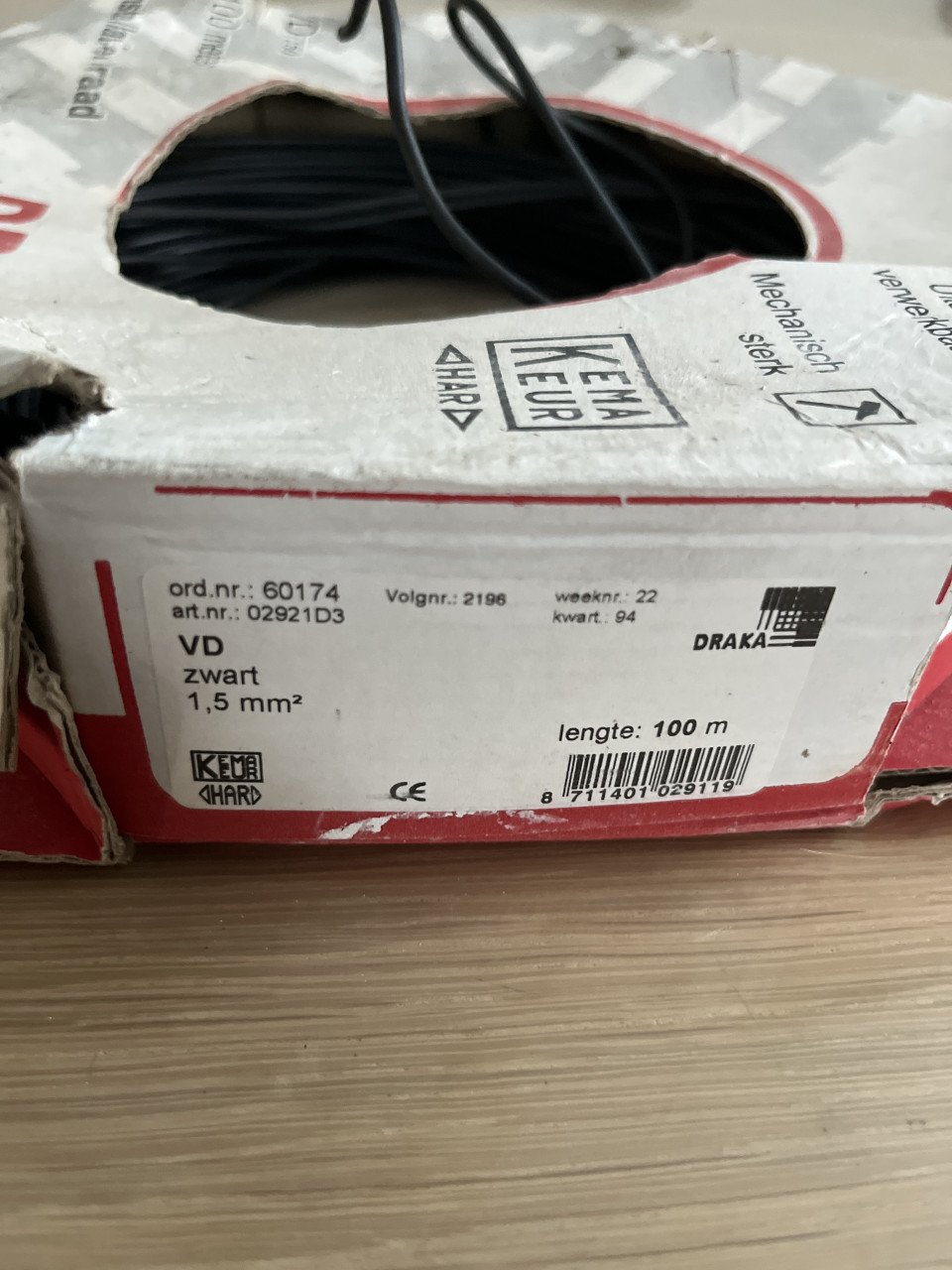 Instalkatiedraad, Draka. VD, zwart 1,5 mm2