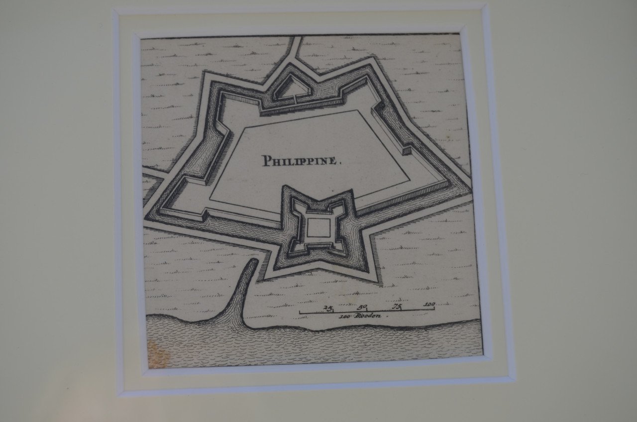 Fraaie ets/gravure Fortificaties/bastion Phillippine Zee-Vla