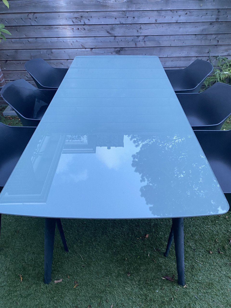 Tuinset, tafel 2,20 m en 6 kuipstoelen zwart