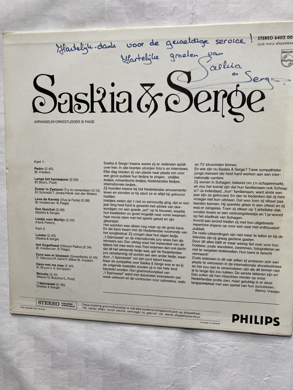 LP Saskia en Serge Zomer in Zeeland gesigneerd met boodschap
