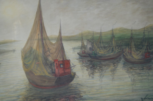 Groot schilderij Vissersscheepjes in goede staat Theo Idserda