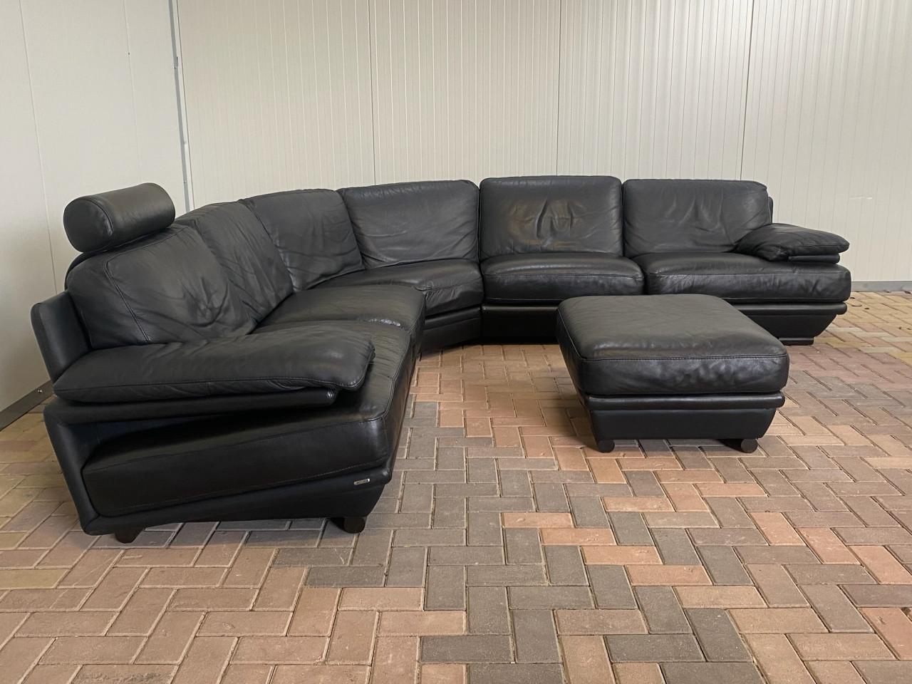 Natuzzi Plaza Hoekbank met Hocker–Echt Zwart Leer–Luxe Lounge Comfort