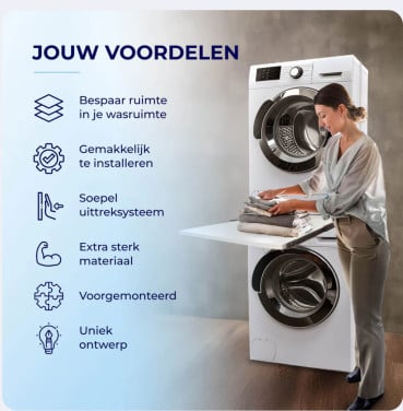 Droger op wasmachine plaatsen met deze uittrekbare plank