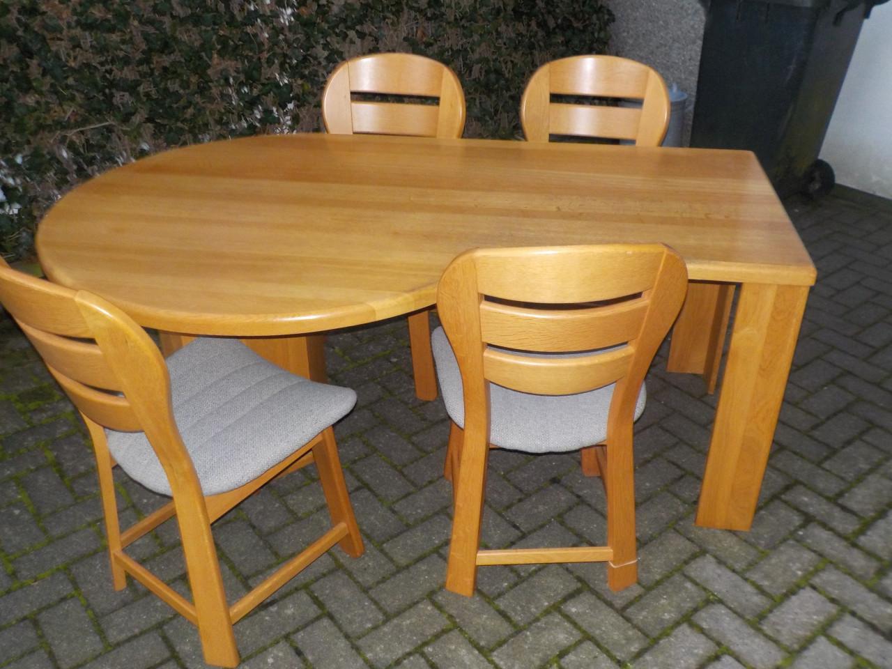 Massief blank eiken tafel 180 x 80 x 115 cm + 4 stoelen in zeer goede staat