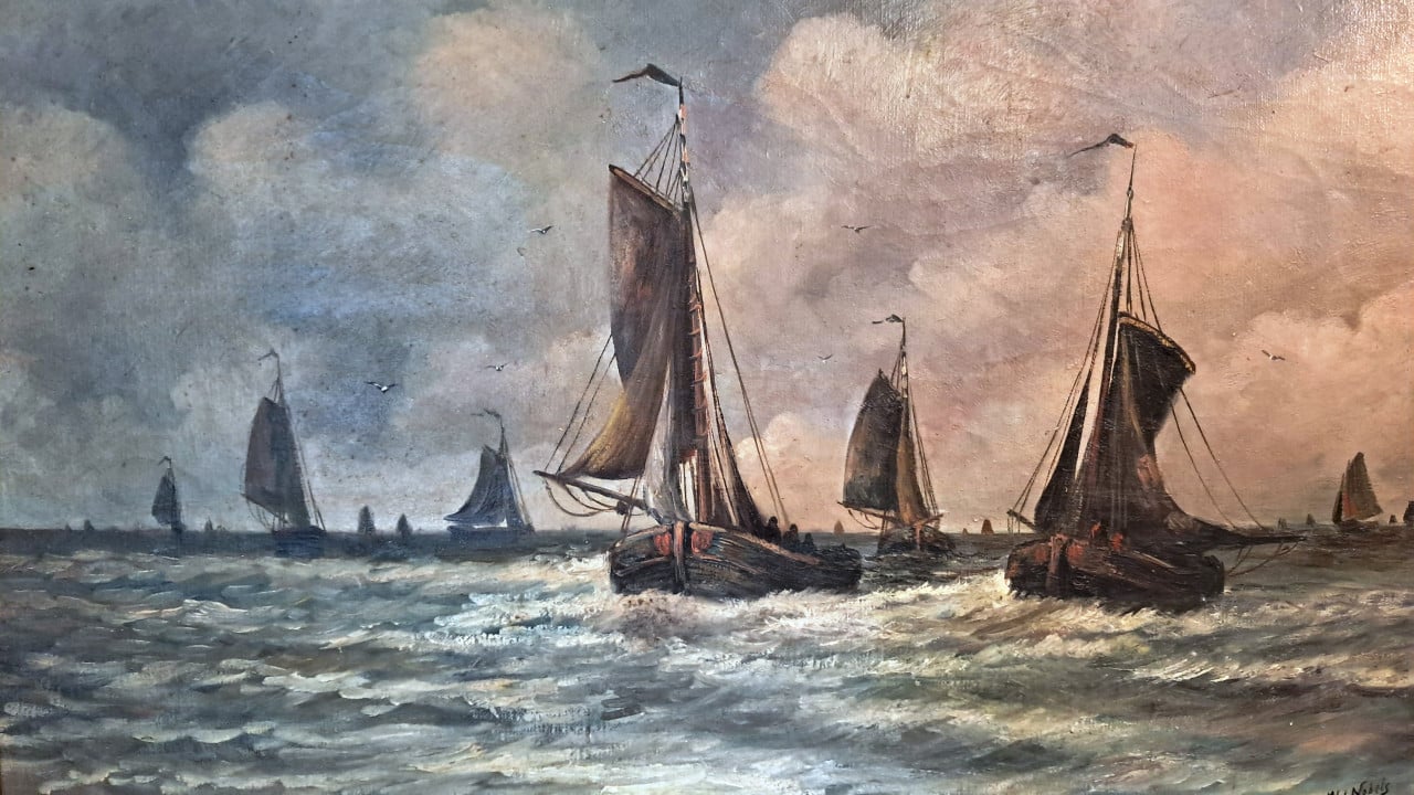Prachtig schilderij vissersboten botters op weg naar het strand