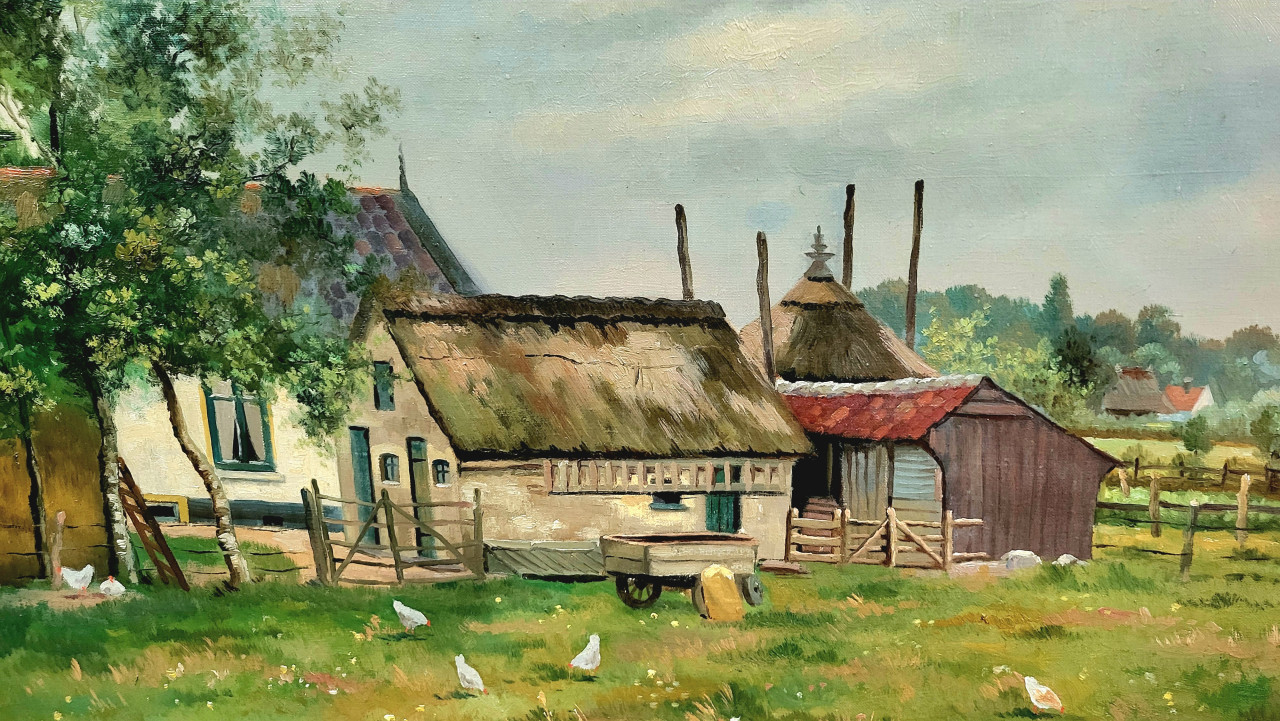 Antieke schilderij - Een boerenhoeve door H. Koekoek