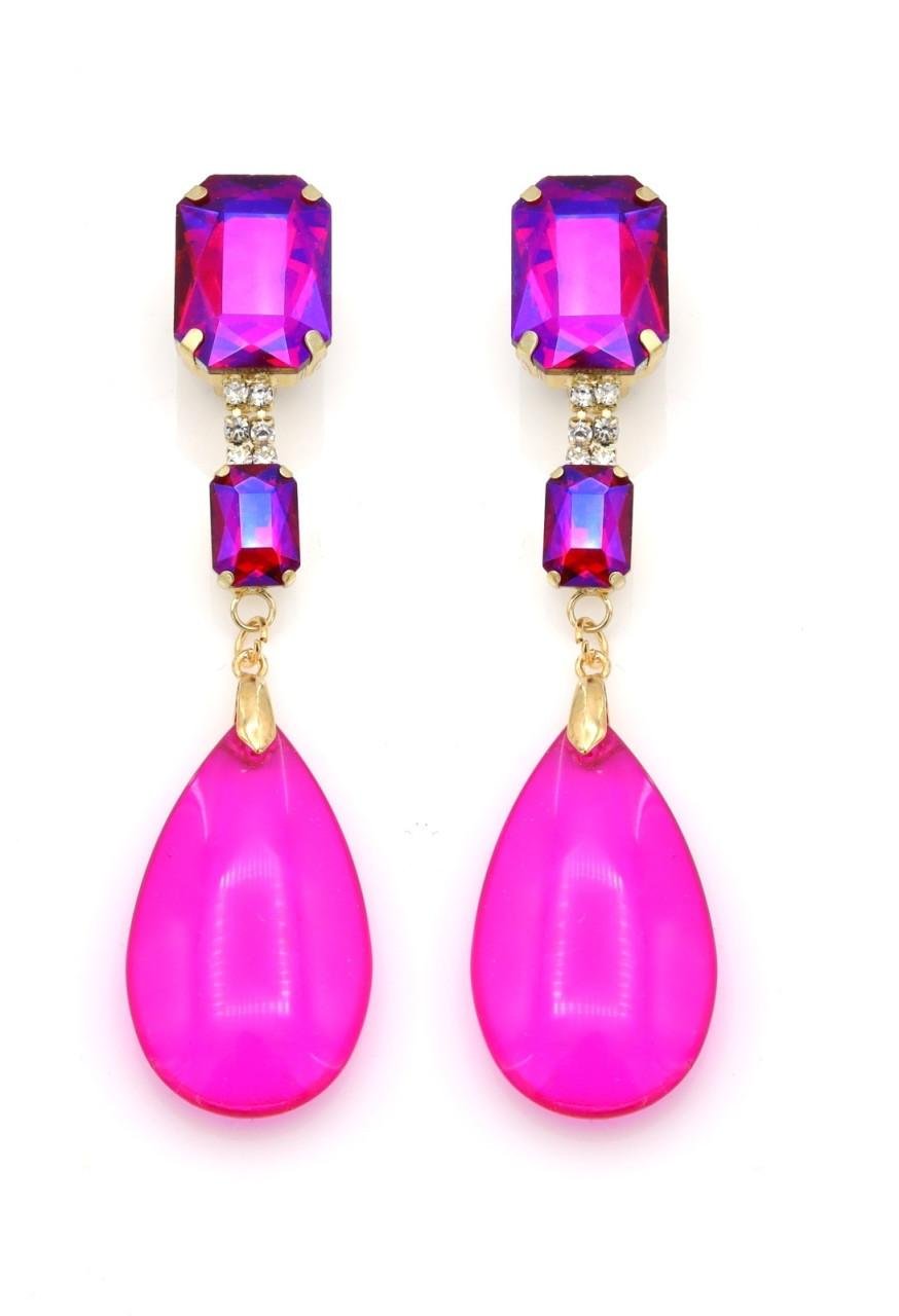 Oorclips met fuchsia druppel hanger en vierkante stras stenen