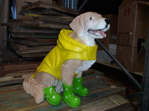Hond in regenpak tuinbeeld decoratie buiten binnen