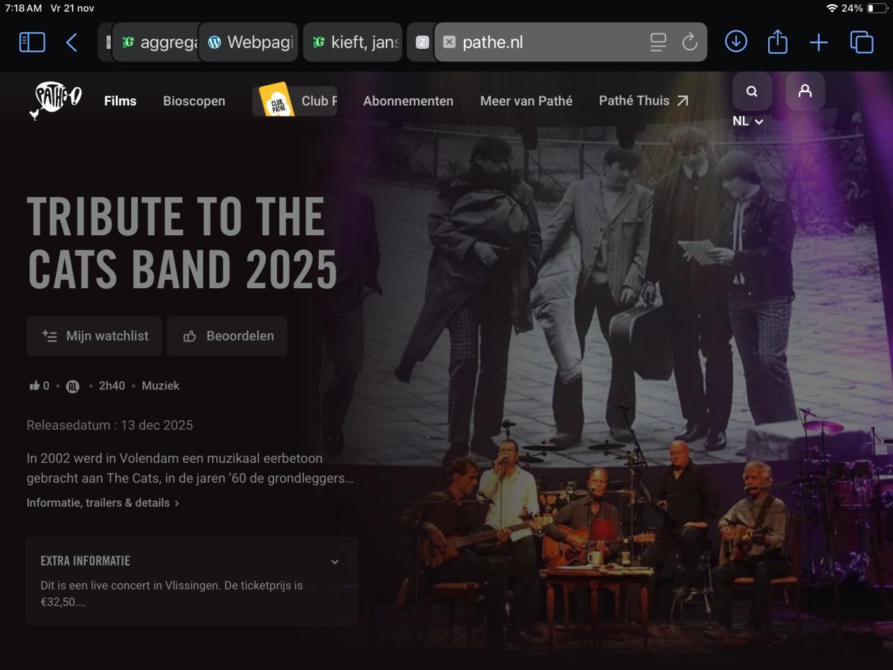 2 Tickets Tribute band the Cats 13 december