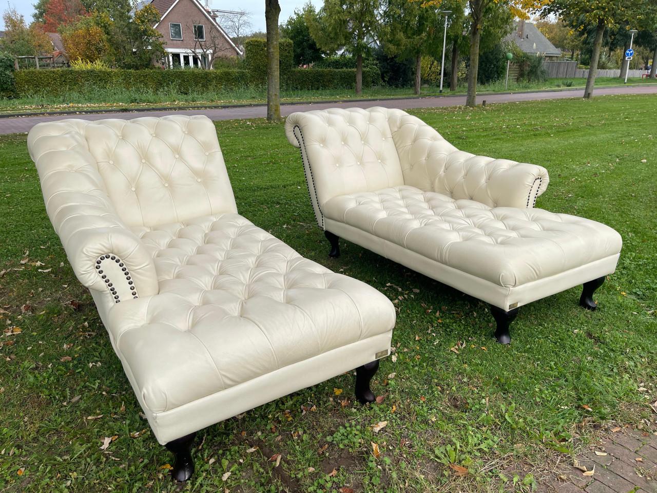 Chesterfield Chaise Lounge Set -Tijdloos Echt Leer Design-Luxe Uitstraling