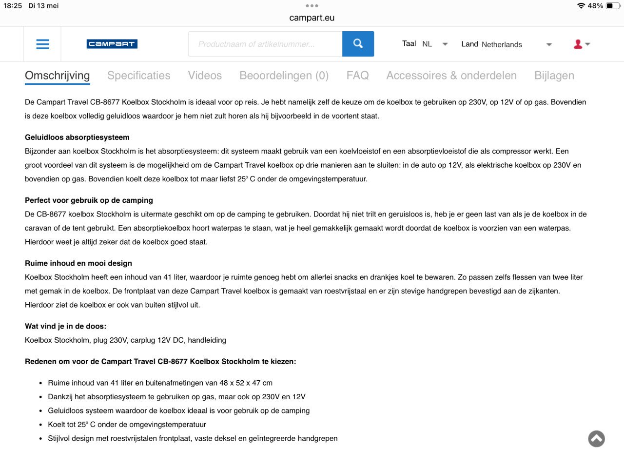 Absorptie-systeem koelbox 41 liter geluidloos