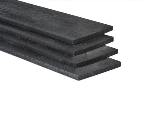 Gewolmaniseerde zwarte potdekselplank 25x275. 500 of 600cm. €6,75 p/m1.
