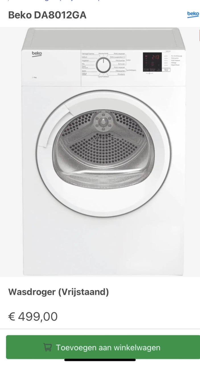 Beko DA8012GA afvoer droger (8kg) 3x gebruikt!