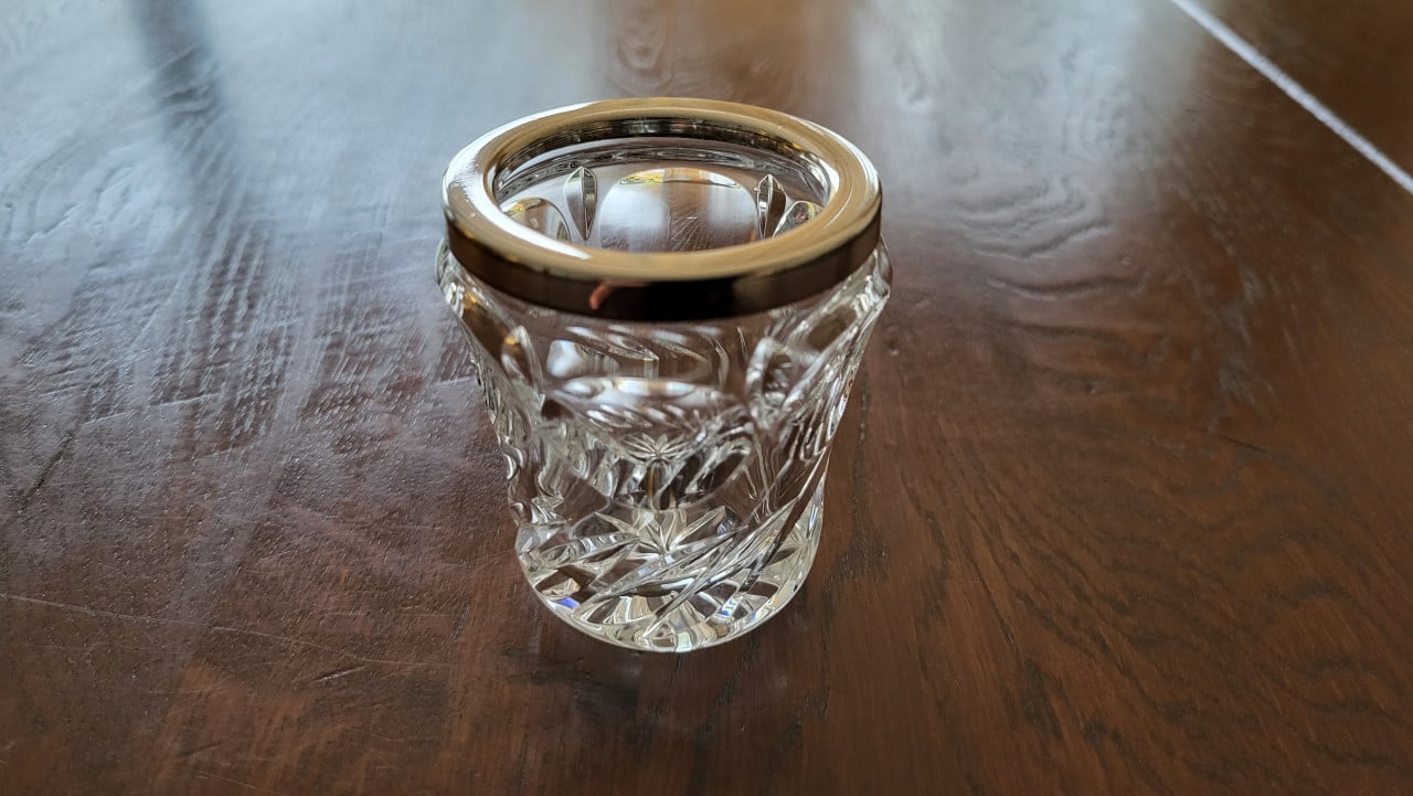 Vintage lepelvaasje kristal met verzilverde rand