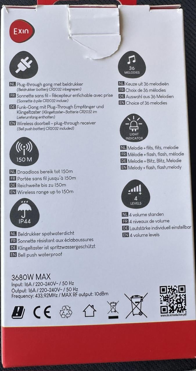 Z,G,A,N, PLUGIN DEURBEL MET BELDRUKKER OP KNOOPCEL BATTERIJ 2032.