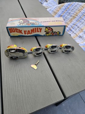 Vintage jaren 70 blikken (duck family)opwindbaar speelgoed met doos