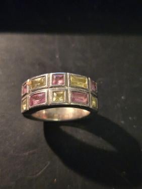 Zilveren ring met ingelegde vierkante, tweekleurige zirkonia ,Maat 17 mm