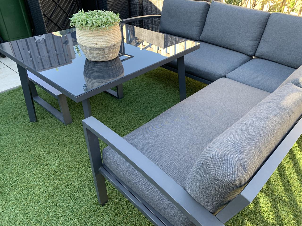 Loungset met kussens en eettafel en salontafel, Alminium.