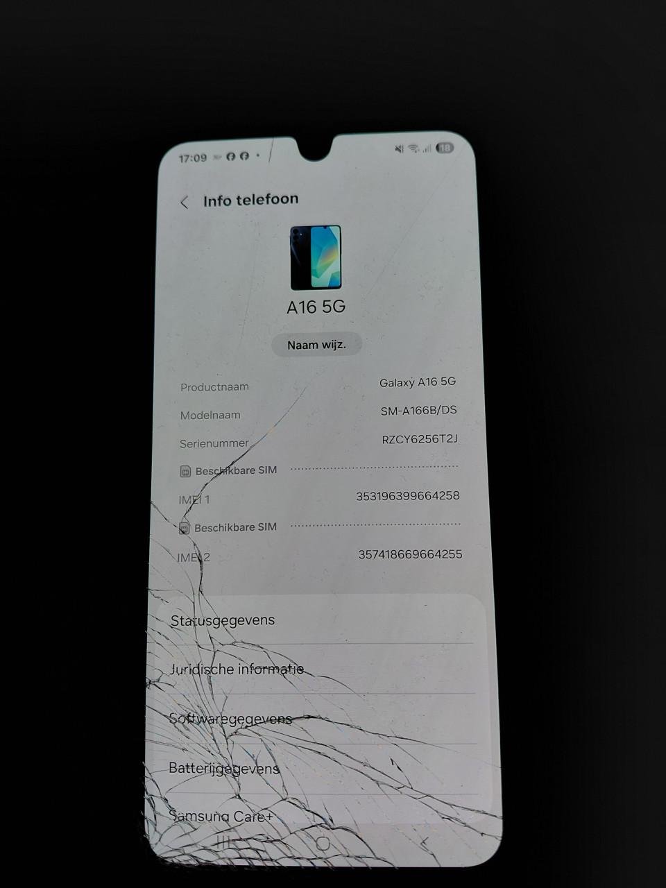 Samsung galaxy A16   128 GB  barst in voorkant