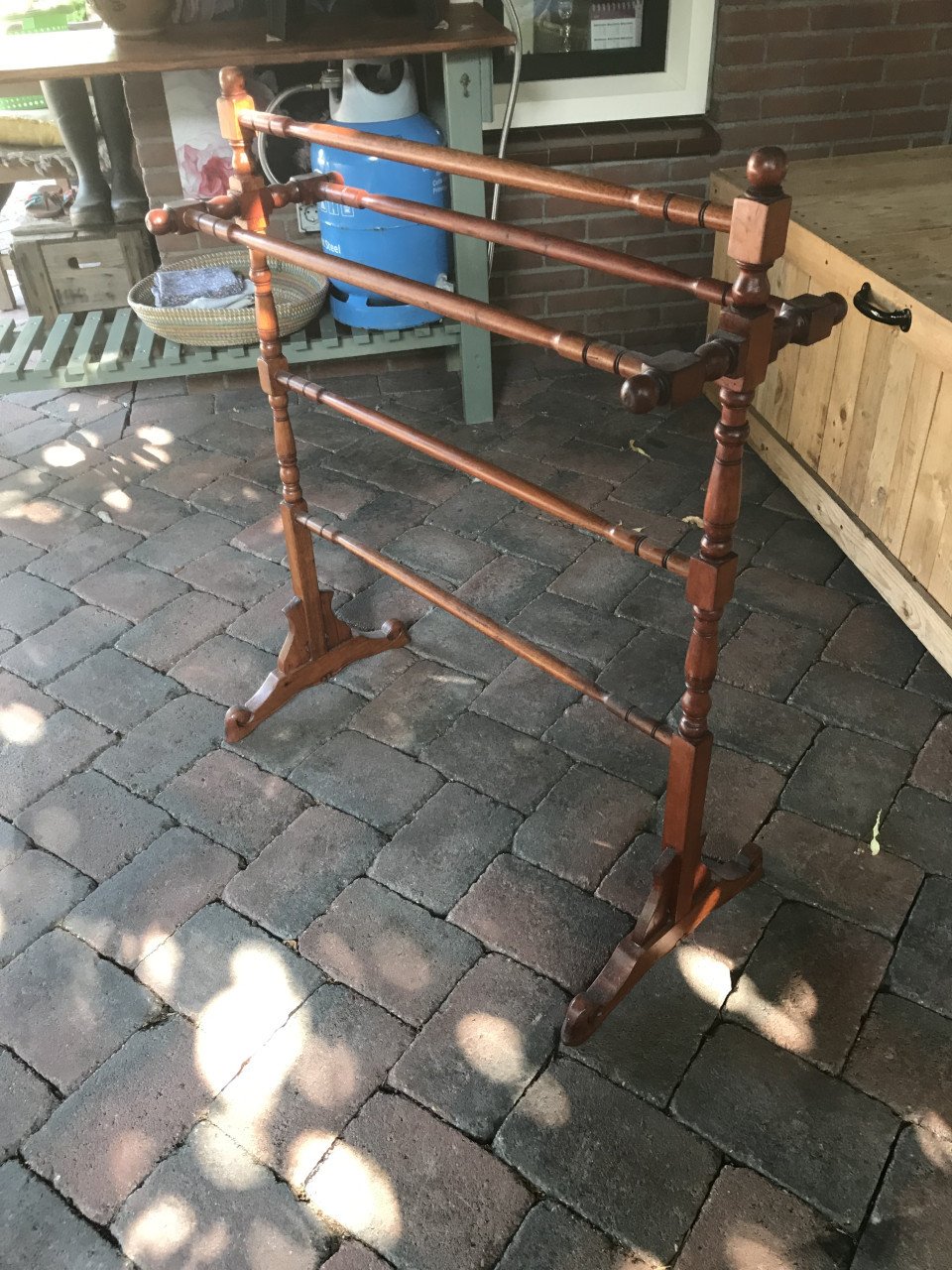 Oud brocante houten droogrek/handdoekenrek