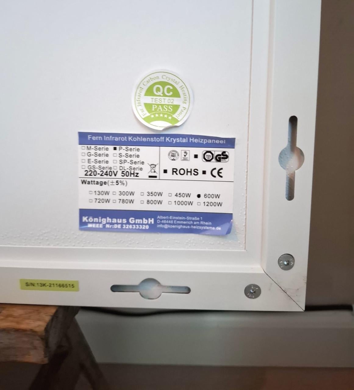 2x Könighaus Infraroodpaneel 600 Watt incl. originele thermostaat
