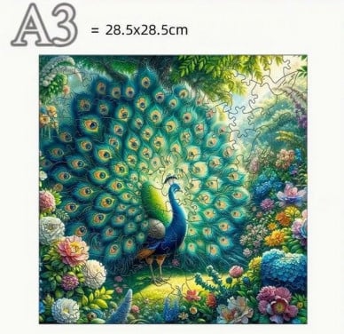 Houten puzzel A3 : pauw ( unieke stukjes )
