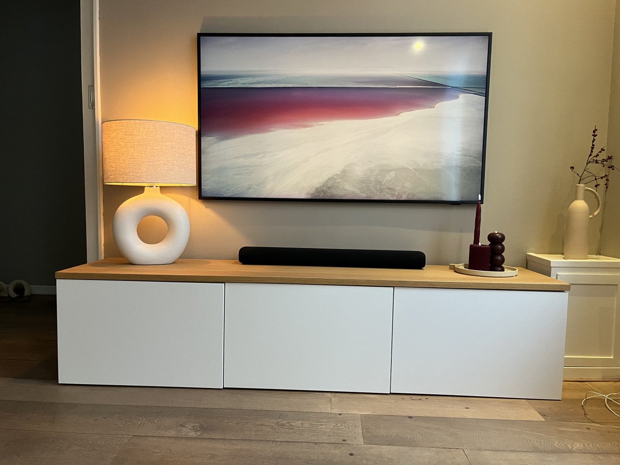 Tv meubel, 180x42x38, wit met houten blad