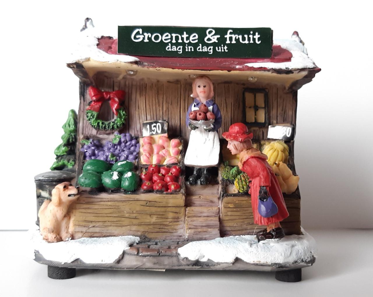 Kersthuisje, kersdecoratie met verlichting, groente & fruitkraam