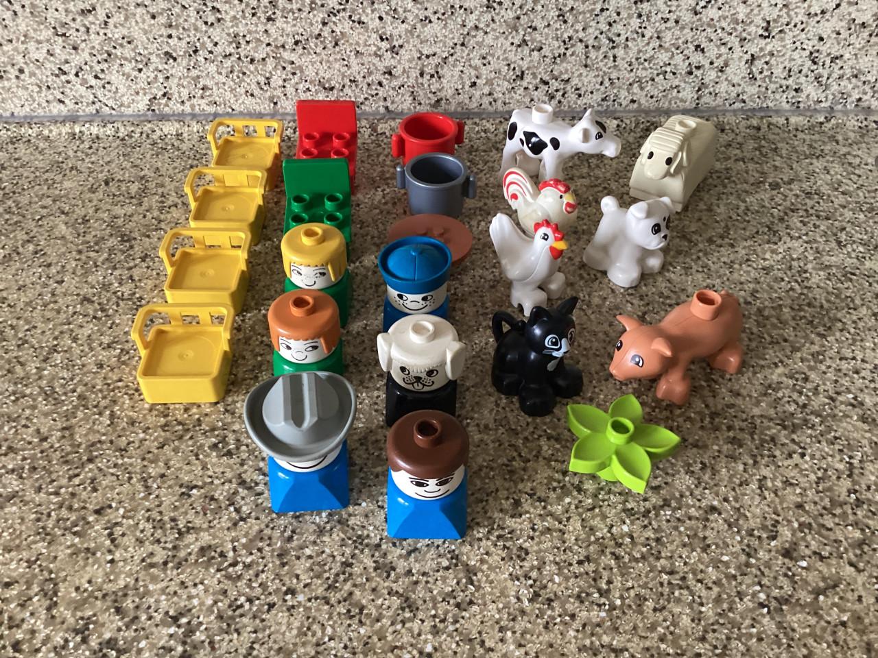 Heel veel Lego Duplo in vele kleuren en maten van blokjes. Poppetjes. Auto