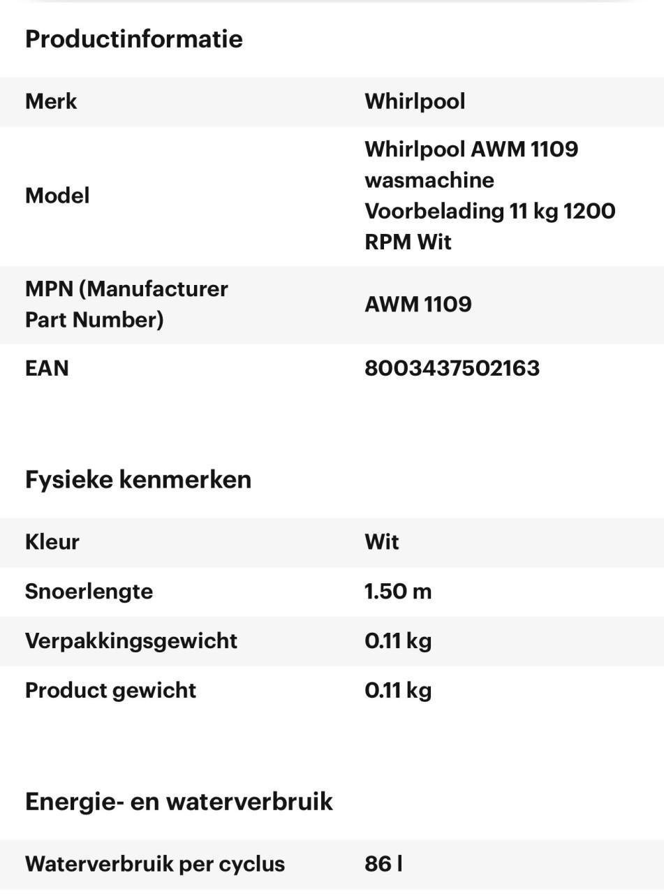 Wasmachine 11kg , A+++