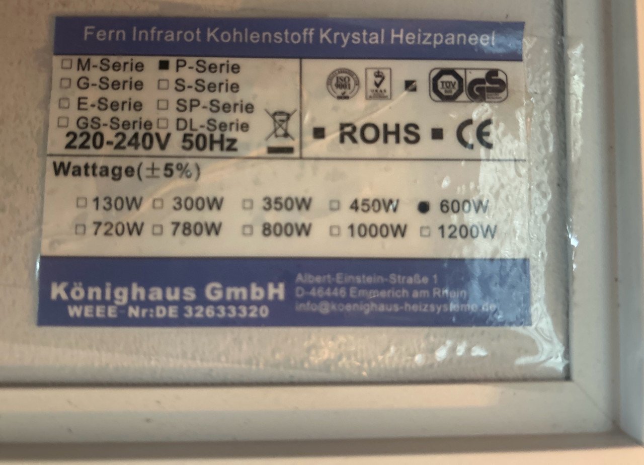 Infrarood Verwarmingspaneel Konighaus 600W met Thermostaatstekker . NU € 50