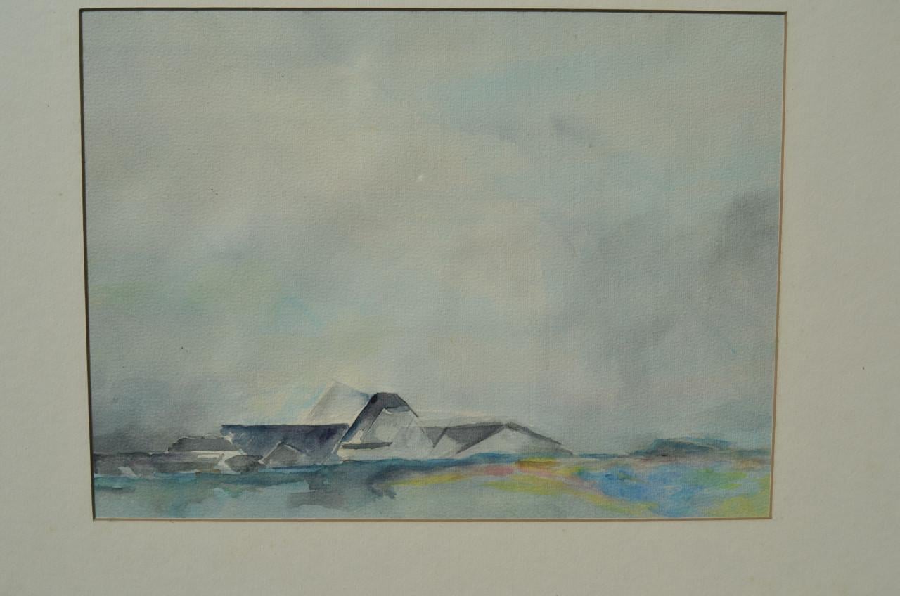 Fraaie aquarel gestileerd landschap/boerderij ipst.