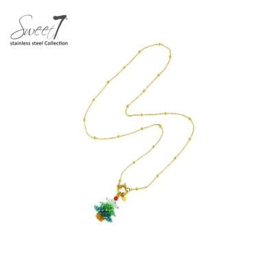 Goudkleurige halsketting met een kerstboom hanger van kralen