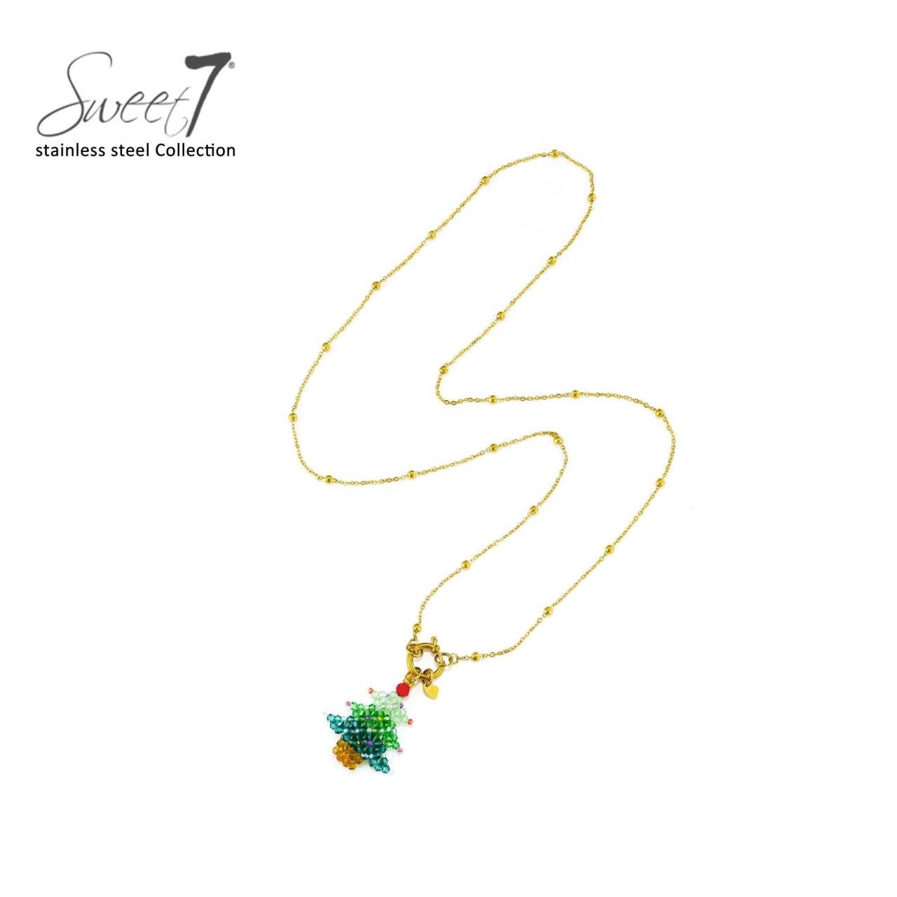 Goudkleurige halsketting met een kerstboom hanger van kralen