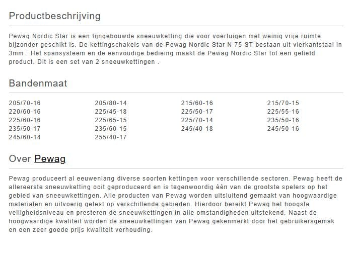 Sneeuwkettingen Pewag Nordic Star N 75 S (nooit gebruikt)
